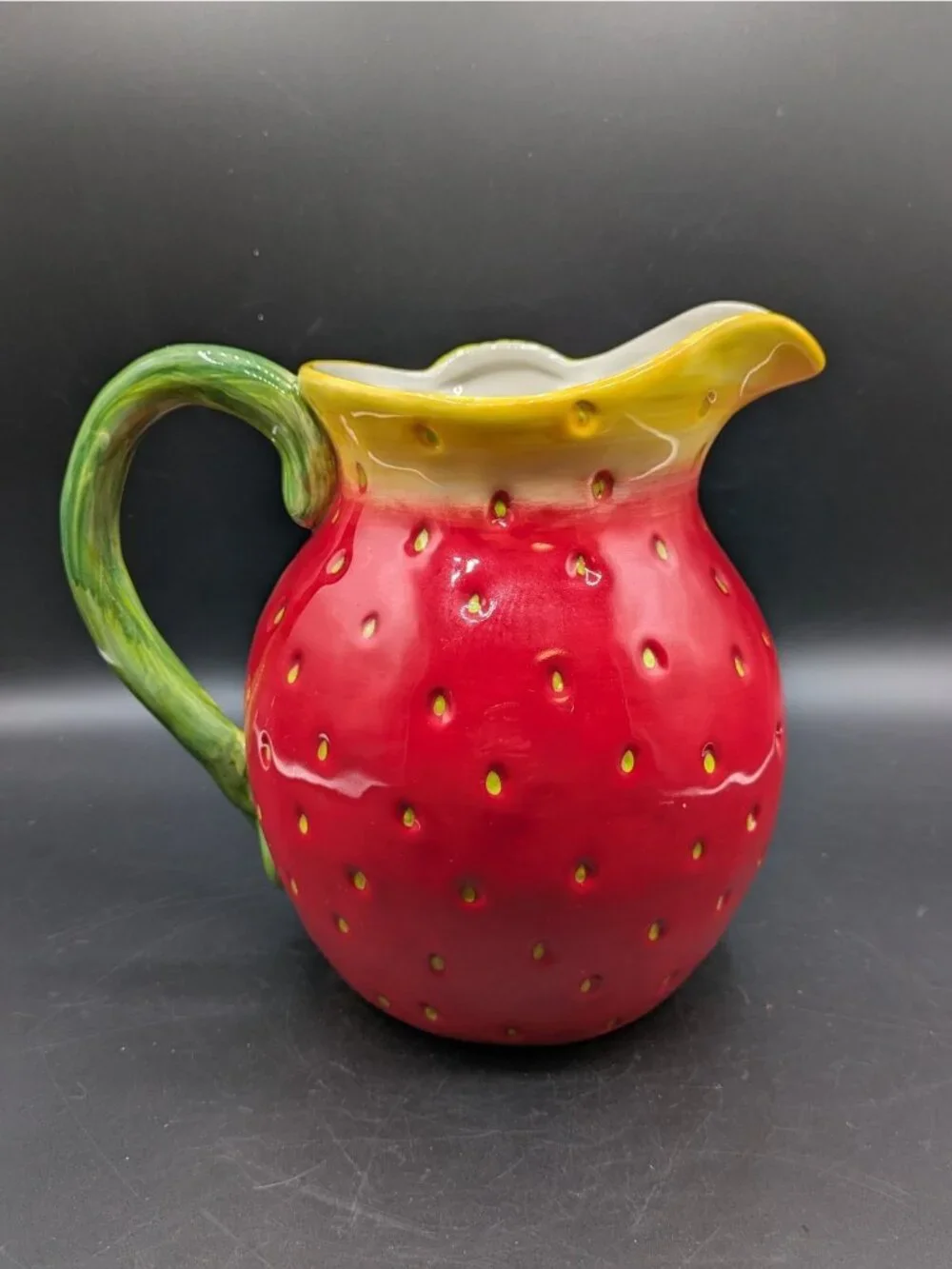 Sur La Table Ceramic Strawberry Shaped Pitcher Water Lemonade Red Green 7.5